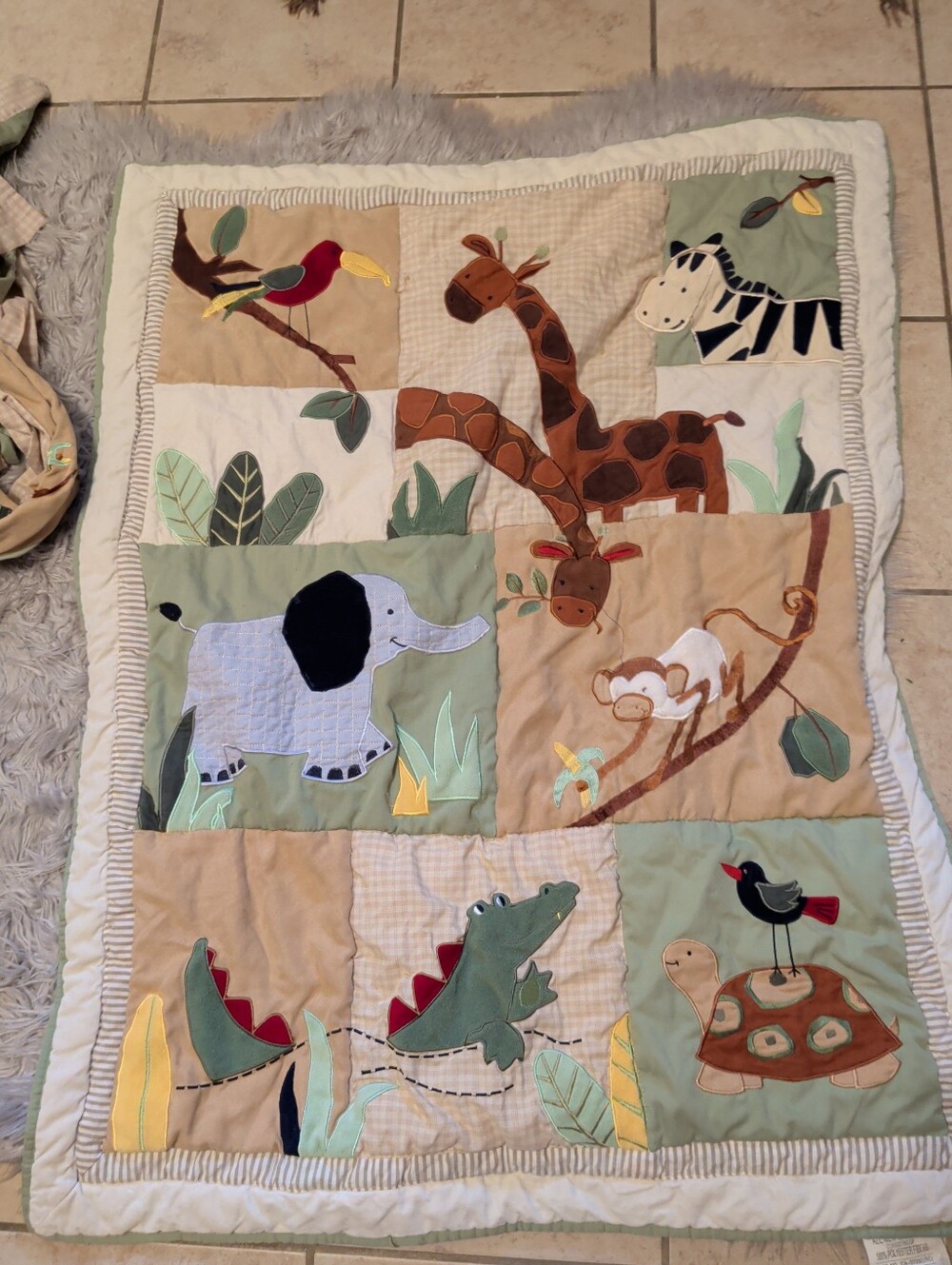Safari Friends Quilted Baby Blanket - Green, Tan, Cream